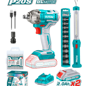 Total tools Cordless 2 pcs combo kit ( impact wrench + Work lamp ) + 2pcs battery 20V + charger + impact socket set TOSLI231004