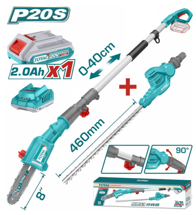 TOTAL Lithium-ion pole saw with pole hedge trimmer 20V (TPTS201681)
